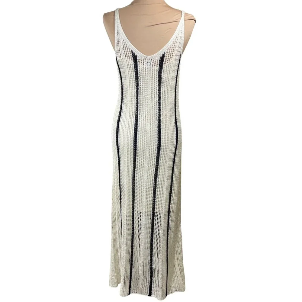 A New Day Mesh Maxi Dress Size M Medium Cream Black Stripe Sundress Beach - Picture 3 of 7
